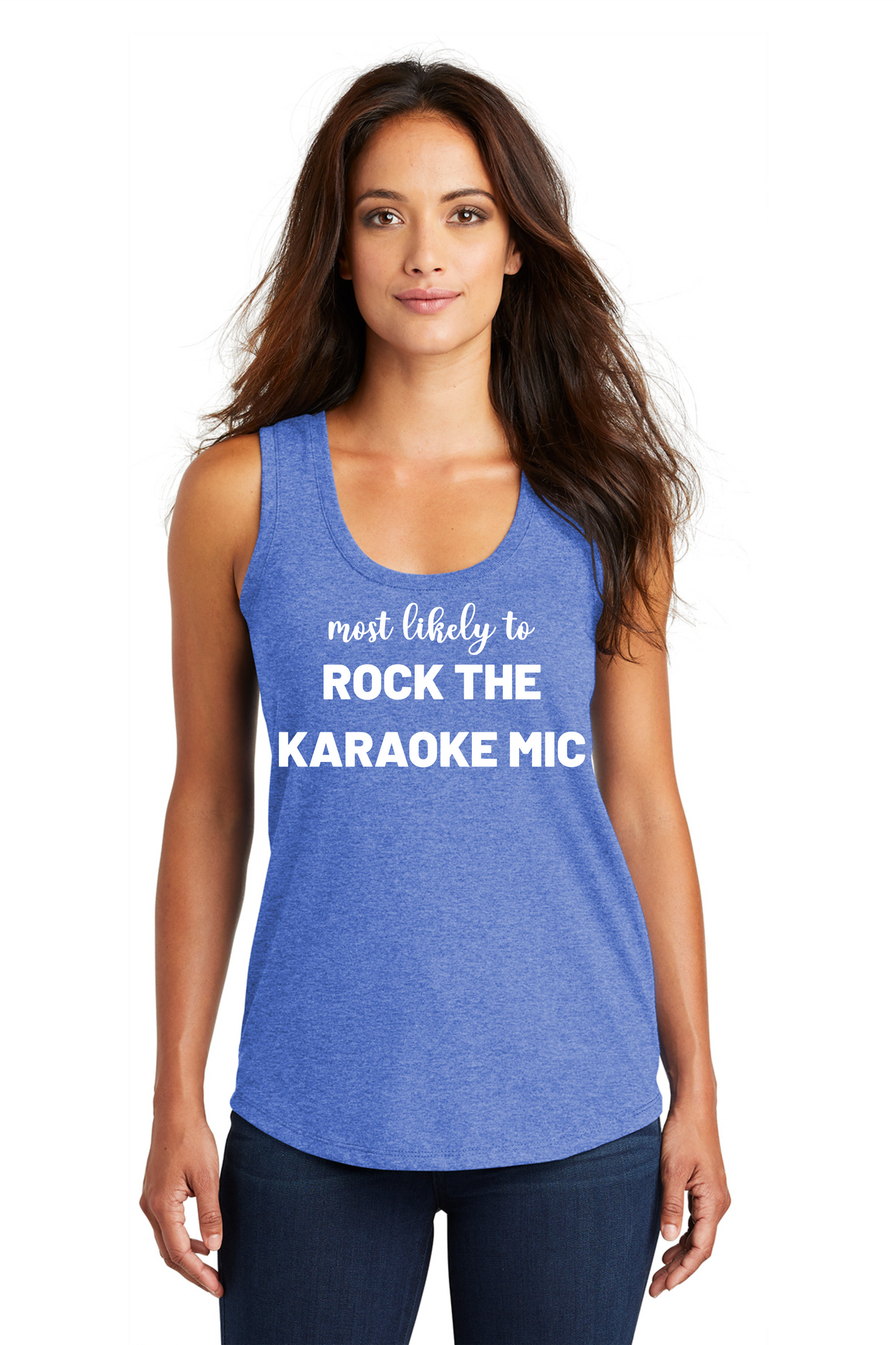 Most Likely to ROCK THE KARAOKE MIC Women’s Triblend Racerback Tank